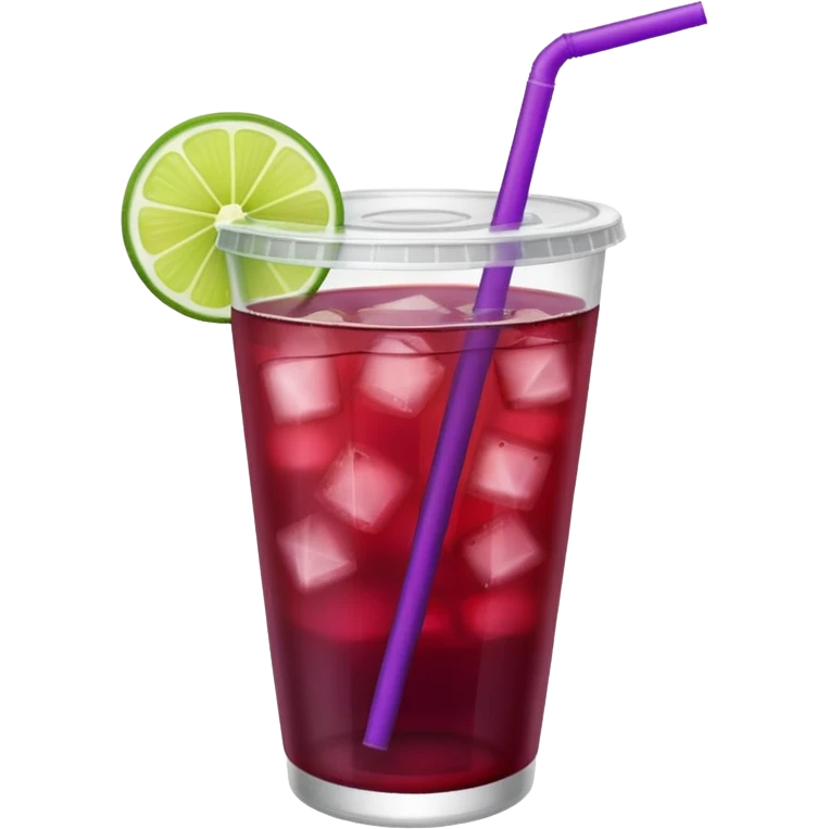 maroon purple cocktail with a lime wedge in the drink in a plastic cup with lid and straw - no lime on edge

 emoji