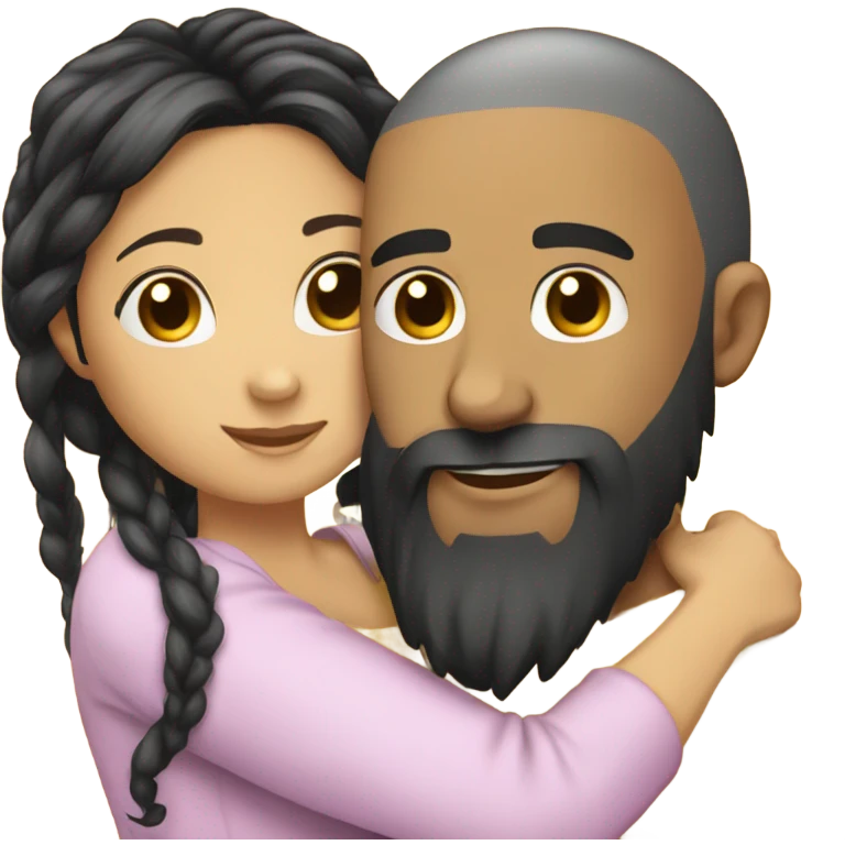 Bald man with black beard and girl with long black hair hug emoji