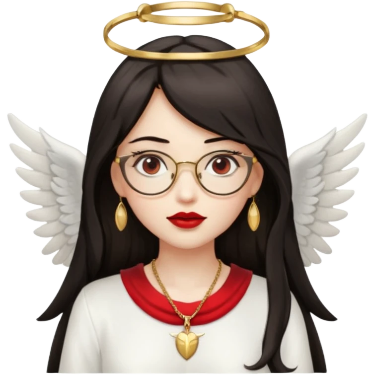 Angel girl with eyeglasses and long dark hair with red lipstick  and push gold necklaces and dark eyes with withe wings emoji