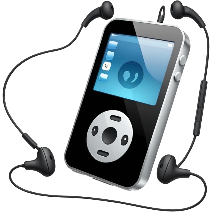 Futuristic iPod emoji with earphones, metallic black and white, smooth reflective surfaces, flat minimal vector design, clean UI style emoji