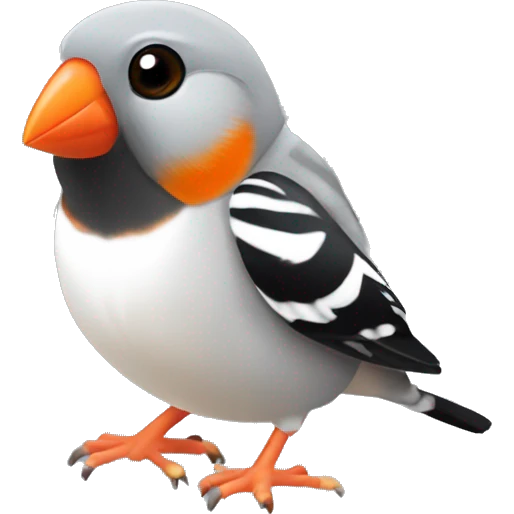 Zebra finch with orange cheeks, grey body, white chest, with black tail, black eyes, and orange feet emoji