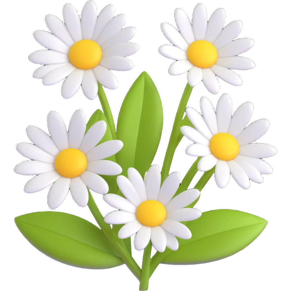 3D iOS style emoji of a bouquet of three cartoon daisies with white petals and yellow centers, green leaves, shiny and smooth, soft shadows, vibrant and friendly look, inspired by Apple emoji aesthetics emoji
