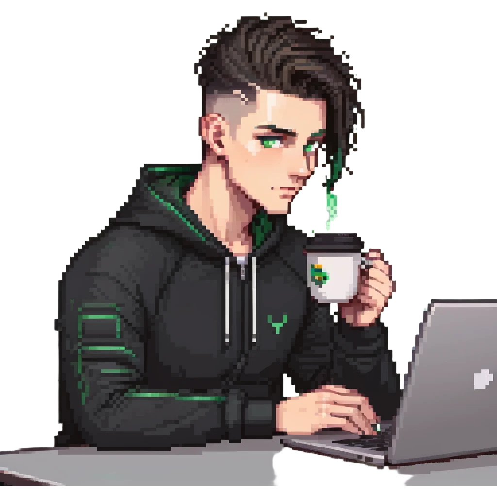 male with dark hair, high fade haircut, high slick back hairstyle, green eyes, wearing a black tracksuit, coding on black laptop, drinking coffee emoji