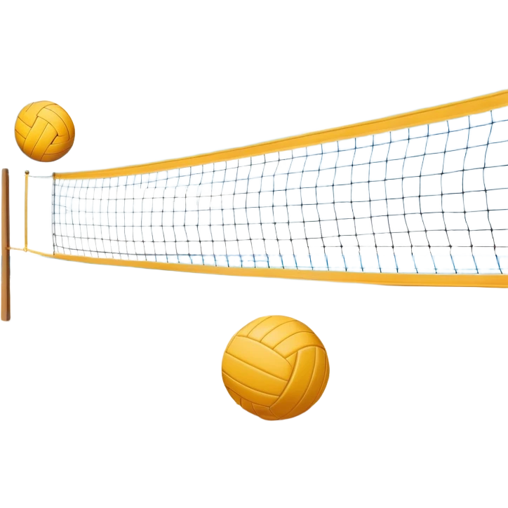 A close-up volleyball net with a ball hovering above it, set against the backdrop of a sandy volleyball court. The scene highlights the tension of an impending play, with the court lines clearly visible and a bright, sunny atmosphere surrounding the action. emoji