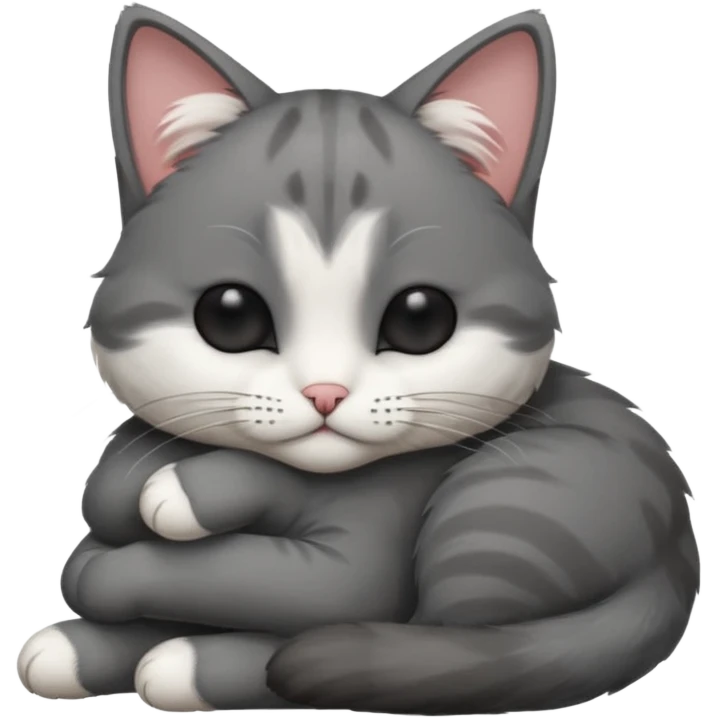 dark grey and white small cat with his eyes closed, leaning his head on his paw while leaning on his elbow lying down emoji
