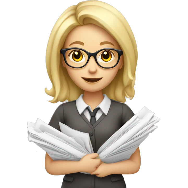 Blond girl with glasses and with a lot of important documents in a hand emoji