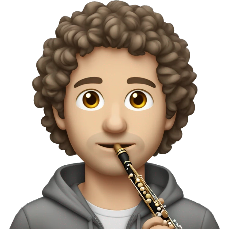 Caucasian man grey zipped hoodie brown hair bit curly brown eyes. he is playing the flute. emoji