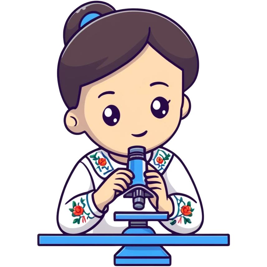 Ukrainian girl with dark hair in traditional embroidered shirt holding a microscope emoji