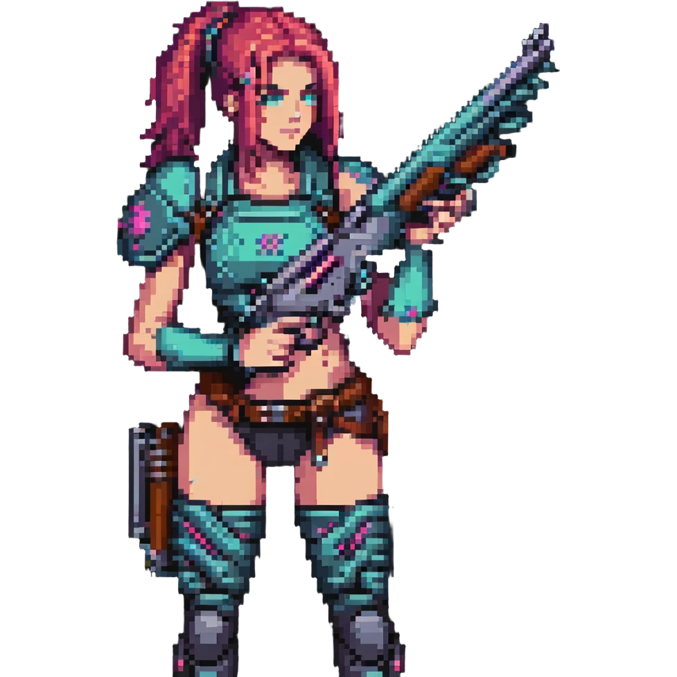 female cyberpunk warrior from the 80s with a classic shotgun emoji