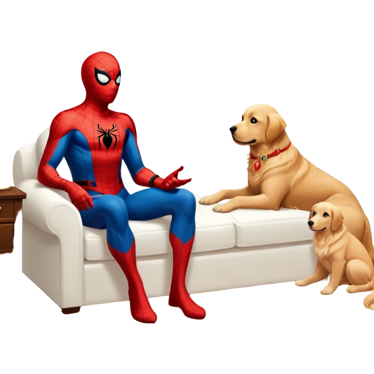 Spider-Man sitting in Athena room with the Golden Retriever next to him emoji
