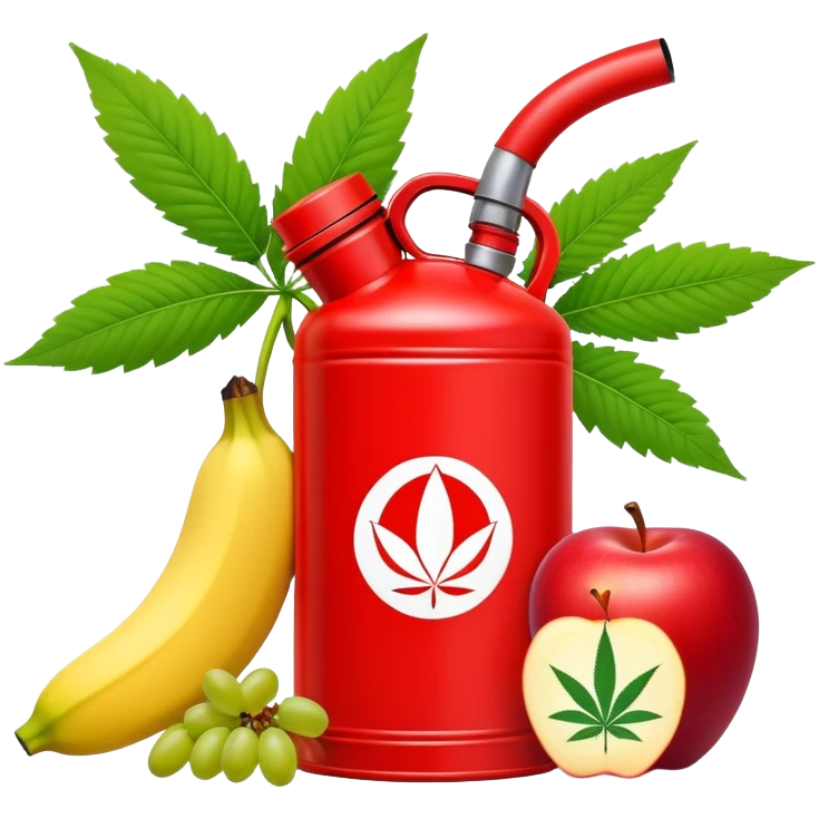bright red gasoline canister surrounded by a banana, an apple, grapes, and a cannabis leaf, red fuel can with fruits and marijuana leaf arranged around it emoji