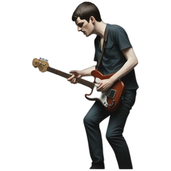 photo realistic Ian Curtis, standing, playing electric guitar, full body view emoji