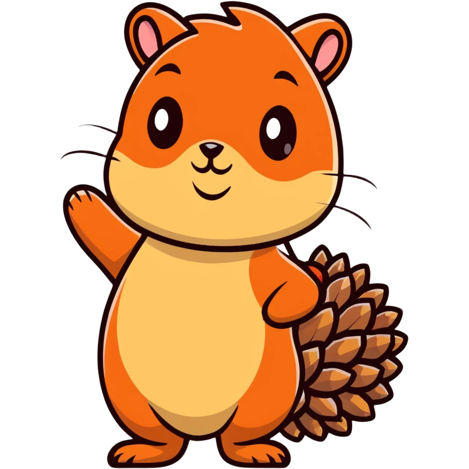 A greedy little squirrel with a big pine cone on top of its head, showing a strange facial expression, wide eyes emoji