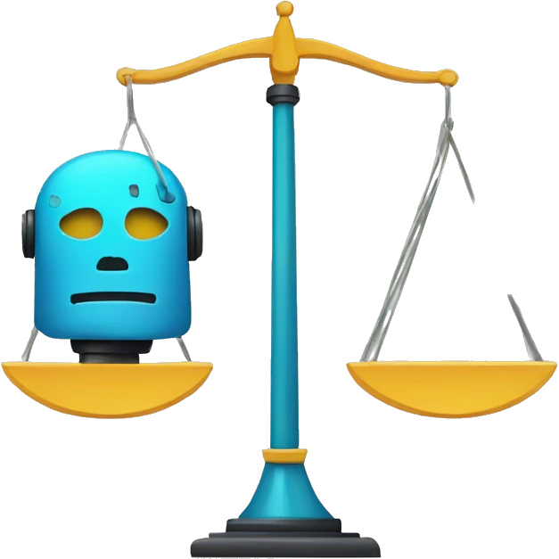 a balance of justice with a robot head in one side and a school on the other side emoji