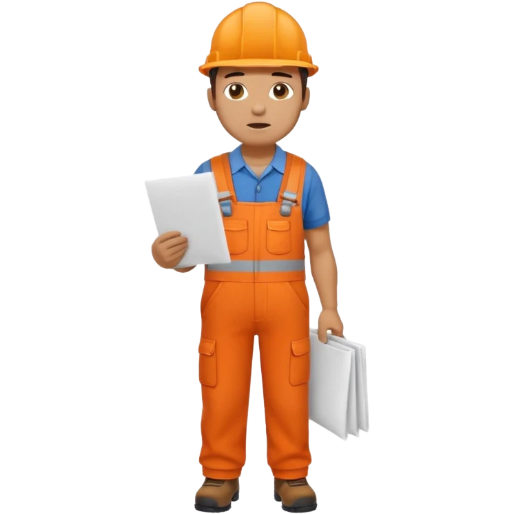 railway engineer full body in orange overalls, carrying a piece of paper in front of him emoji