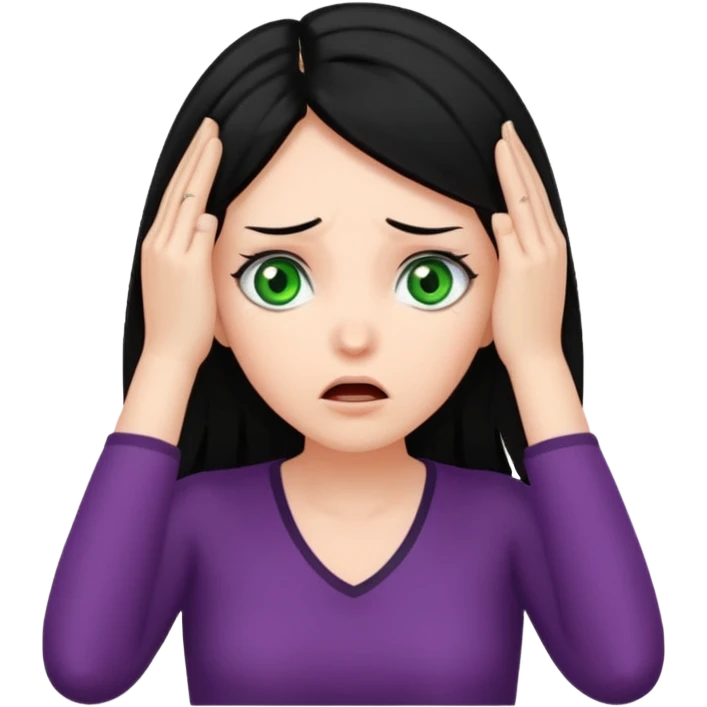 A realistic waist-up portrait of a frightened woman with her hands on her head, black hair and green eyes emoji