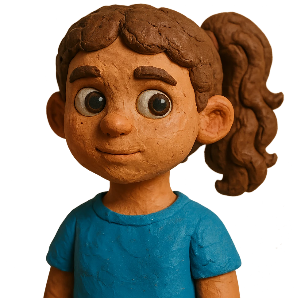 girl with brown curly hair in a ponytail, brown eyes, brown hair, claymation style emoji