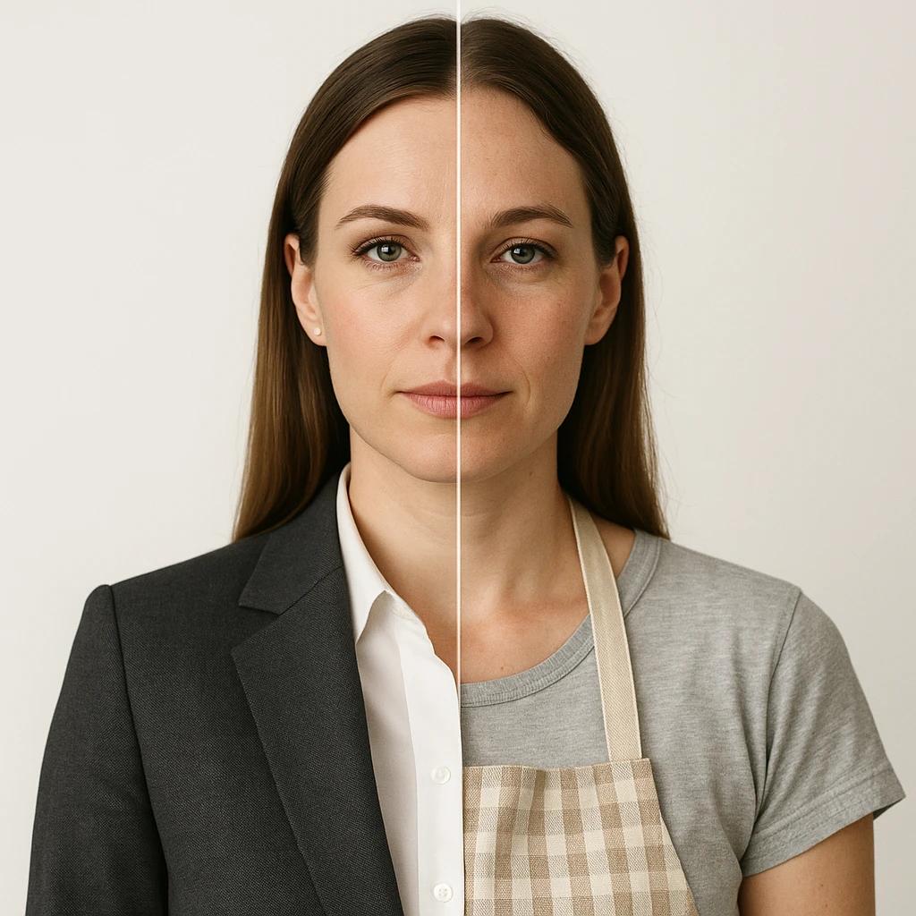 hyper realistic split-image of a woman, one half with business makeup and suit, other half natural, kitchen apron, white background, symmetrical, clear role difference emoji