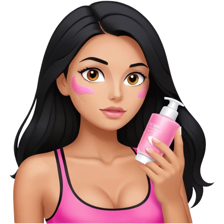 beauty routine, spa, pink face cream, long black hair tanned woman, black sports bra, sexy, hot  emoji