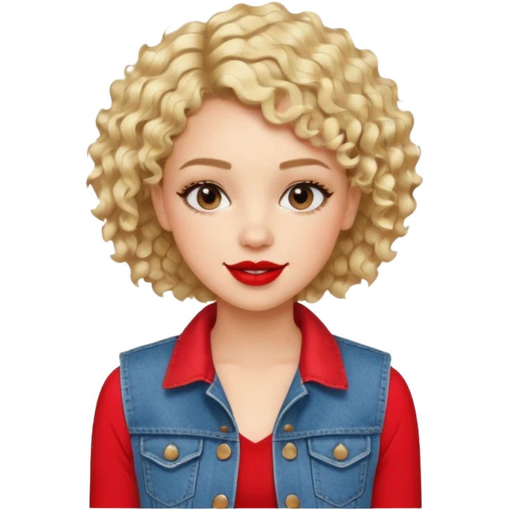 young fashionable woman, short curly blonde hair, wearing a denim vest and bold lipstick, cheerful expression emoji