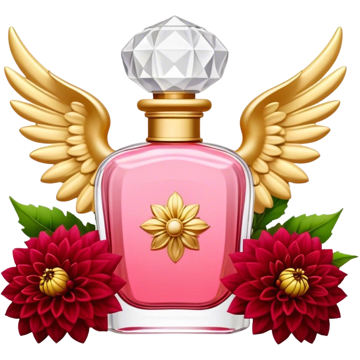 An elegant perfume bottle in Angel Pink with intricate golden details, standing beside a lush bouquet of Vivid Red and Deep Red Dahlias, softly illuminated in a romantic, warm glow emoji