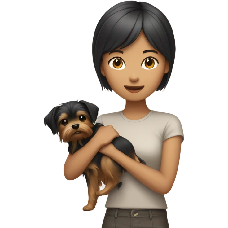 Asian girl, short hair, holding Yorkshire terrier  emoji