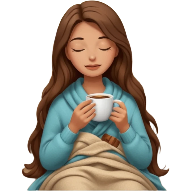 long brown hair woman closed eyes covered with cozy wool beige blanket, holding cup of coffee, autumn mood emoji