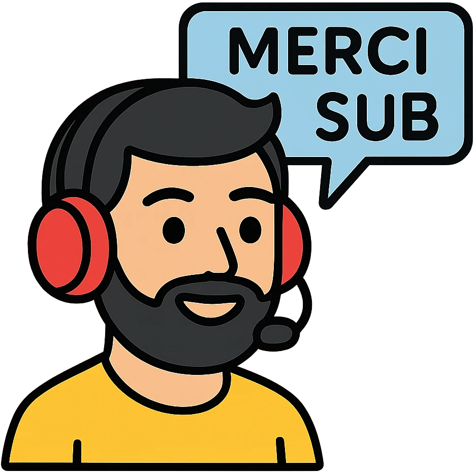 A person with black hair, brown eyes, and a black beard wearing a gaming headset saying "merci au SUB" emoji