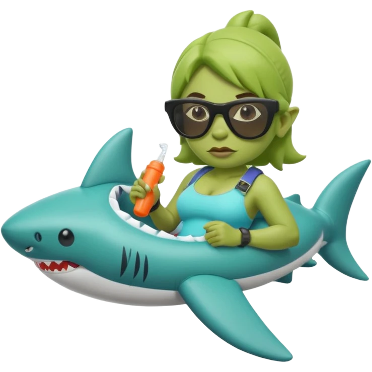 orc female sitting in an inflatable floatie shaped like a shark, wearing oversized sunglasses and a whistle on a neck cord emoji