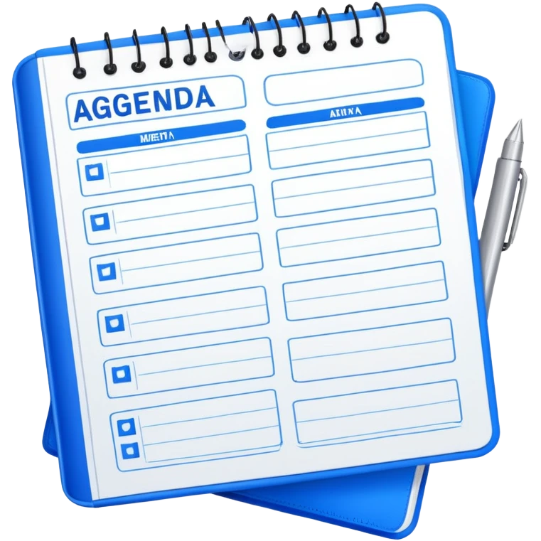 An open daily planner showing agenda items with checkboxes for a meeting emoji