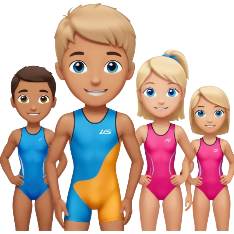smiling boy with blue eyes, bunch of girls in background, triathlon unitard emoji