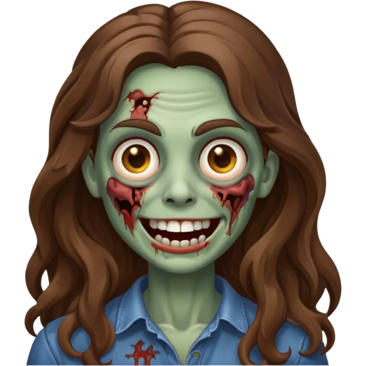 zombie com cabelo ondulado longo marrom e sem franja fofa sorrindo emoji
