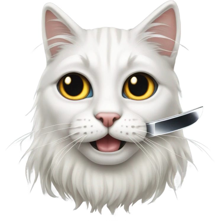 White long haired cat with black markings around eyes holding a knife  emoji