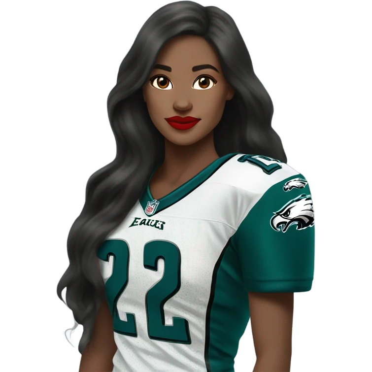 White female long dark hair red lips wearing Philadelphia Eagles jersey emoji