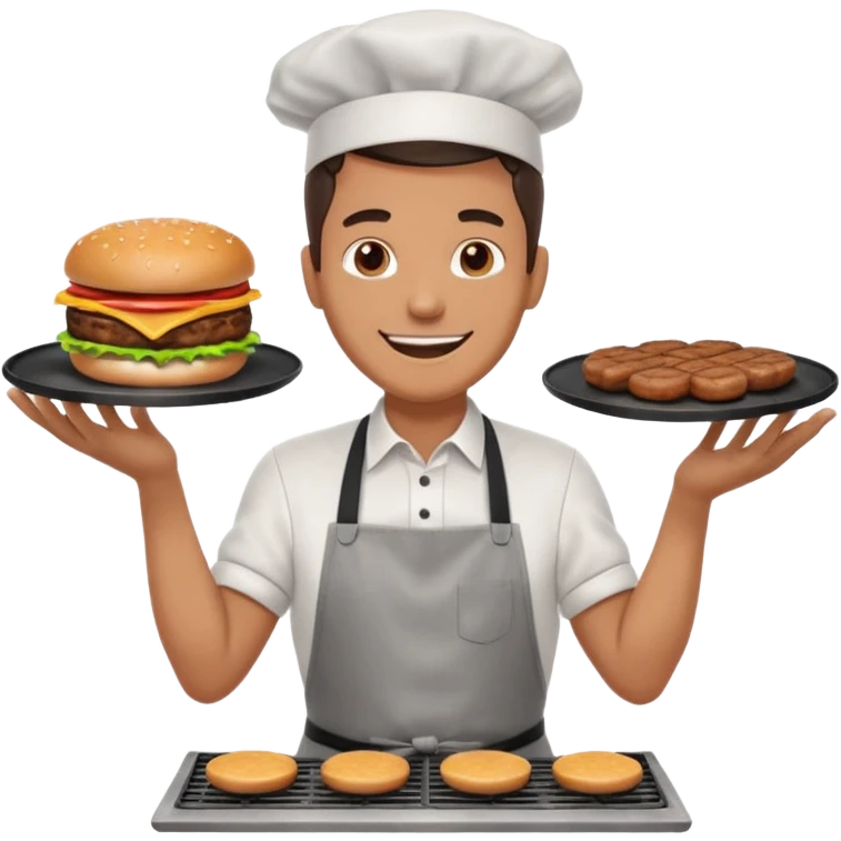 A cheerful man in an apron flipping burgers on a sizzling grill with smoke puffing upward. emoji