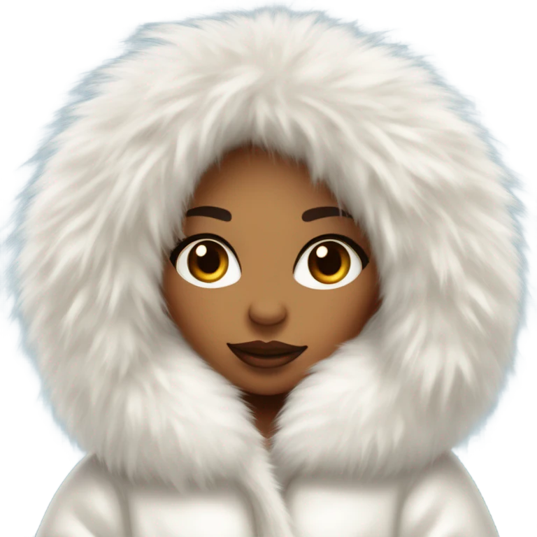 Tanned Girl with lashes ,  in an extremely big fluffy oversized white fur coat with hood on. The fur is real and it’s very obvious big and fluffy like in Pinterest  emoji