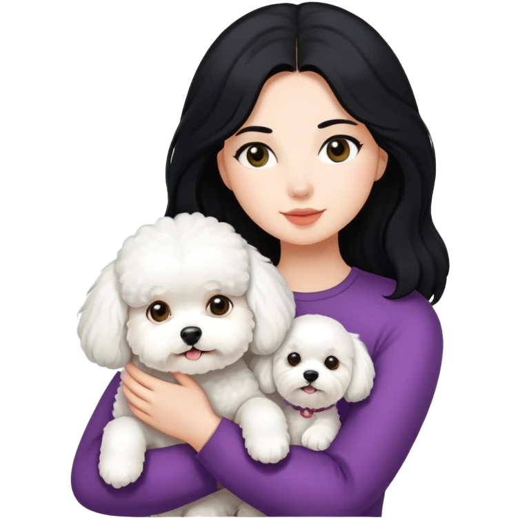 woman with long black hair holding white fluffy Bichon Frise dog emoji