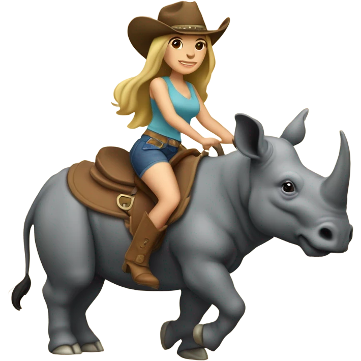 Caucausian woman with long hair with a cowboy hat and she’s riding a rhinoceros emoji