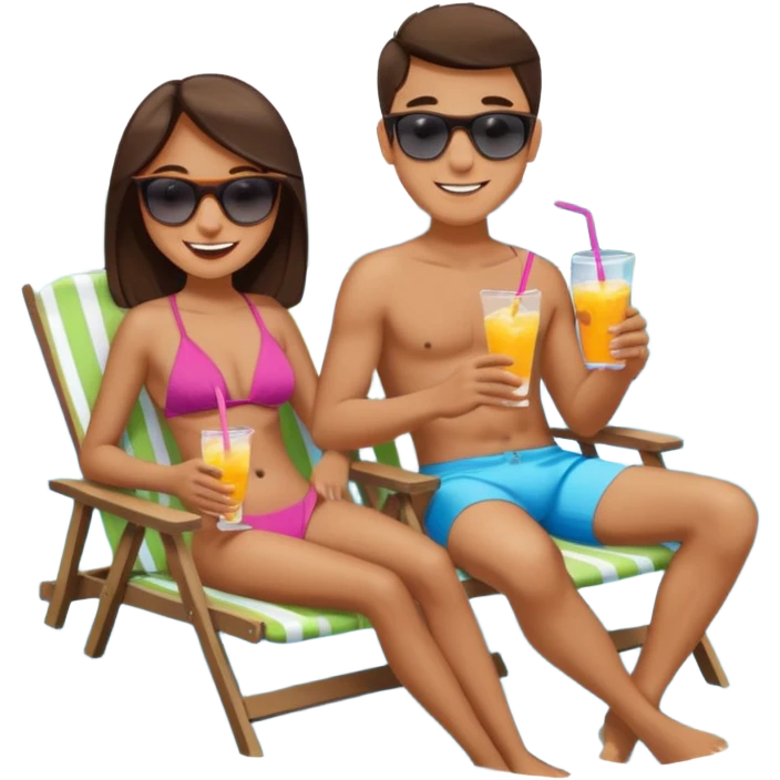 Use this image to design the faces of a young man and woman sitting in beach chairs talking with drinks in their hands on a lake dock  emoji