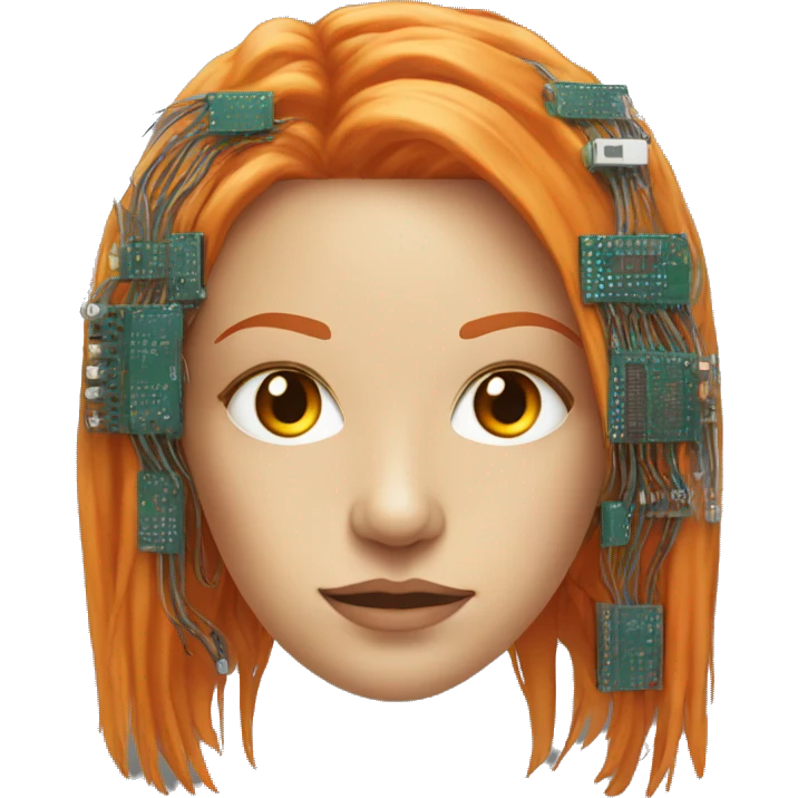 Head of female cyborg with long orange hair and circuits emoji
