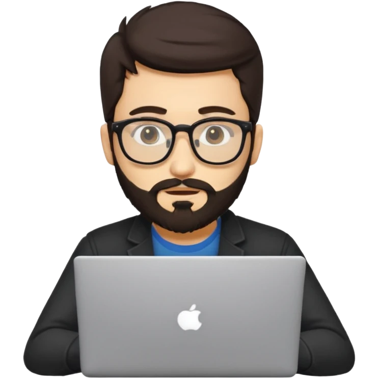 23 year old Azerbaijani man with very dark brown hair and beard with glasses and laptop , light yellow skin face, not european emoji