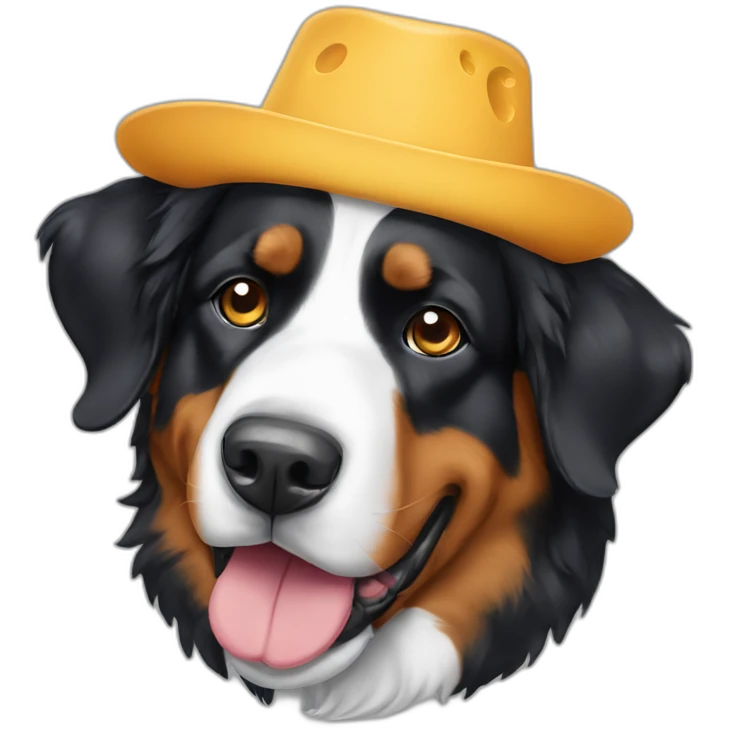 A Bernese mountain dog wearing a cheese head hat emoji