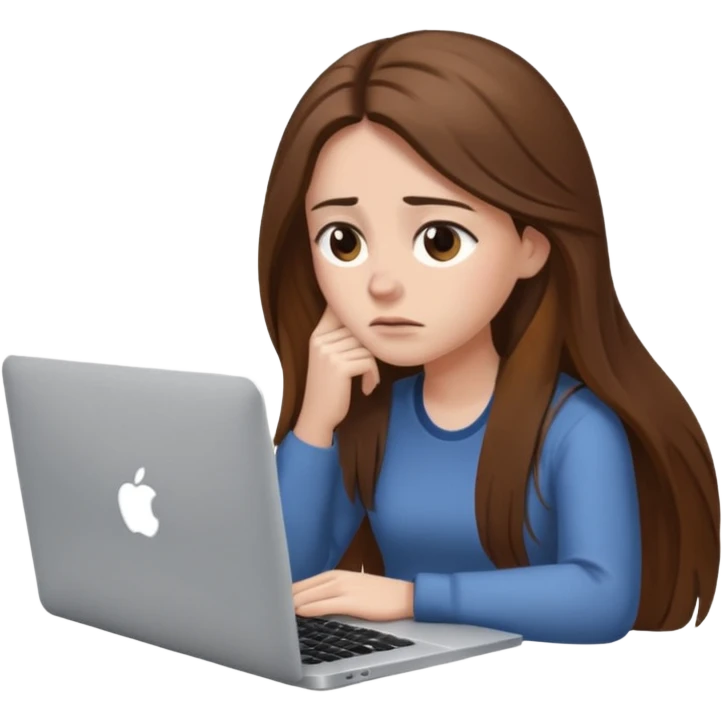 create a woman long hair brown, sitting with her macbook looking tired. looking at her computer, exausted  emoji