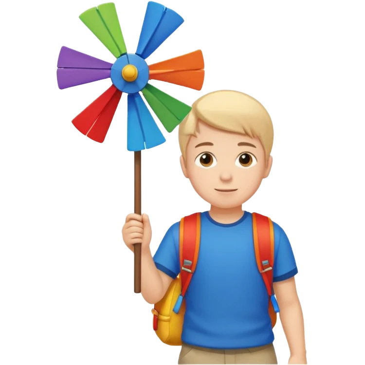 Boy carrying toy windmill backpack emoji