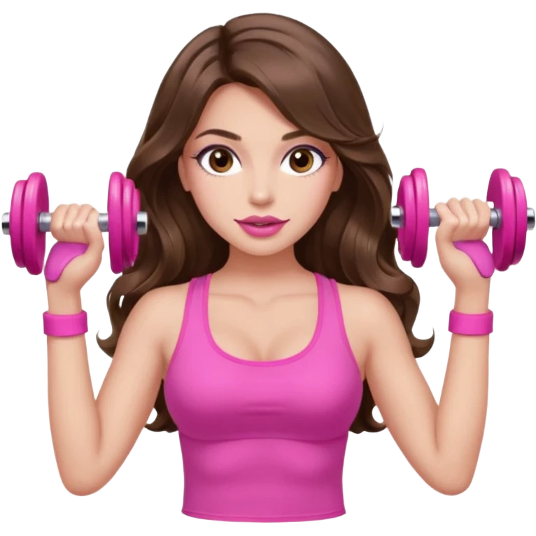 girl with long wavy brown hair, brown eyes, long lashes makeup, sexy pink lips, light to medium complexion, wearing a pink sexy top, lifting a pink dumbells emoji