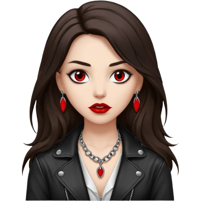 brunette with very long hair in black cuir jacket with red lips and very dark brown eyes and white shirt and mysterious necklace without piercing with evil eyes emoji