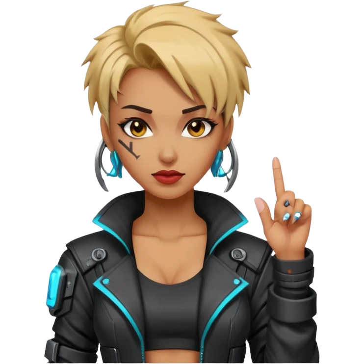 Woman with her tongue out in cyberpunk clothing and giving the middle finger. Looking naughty. emoji