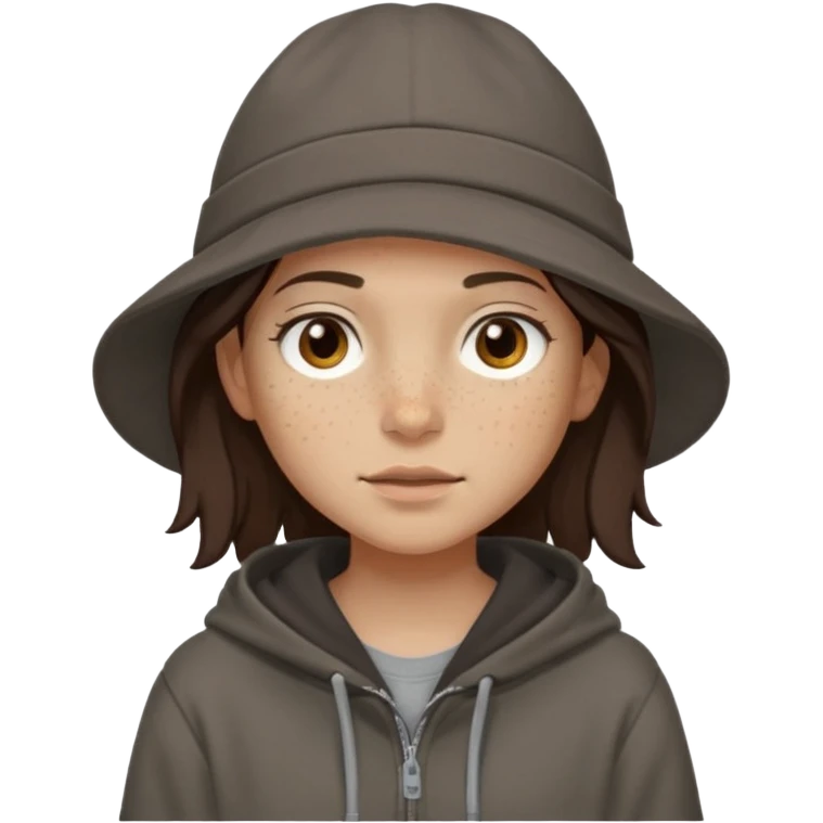 Hobo tomboy with light skin, freckles, shoulder-length center-parted dark brown hair. brown eyes, dark dull brown hoodie, grey shirt. Flat brimmed hat emoji