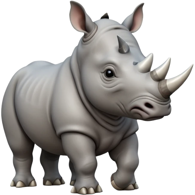 A big 3D cartoon rhino standing on dry ground, thick gray skin, small horn on nose, kind expression, bright daylight and soft shadows, Memoji-style. emoji