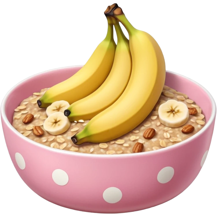 banana baked oats in a bowl like oat meal with a couple banana slices on top that look a little bit caramelised and a light pink bowl with white polka dots please with NO whole banana on top just slices  emoji